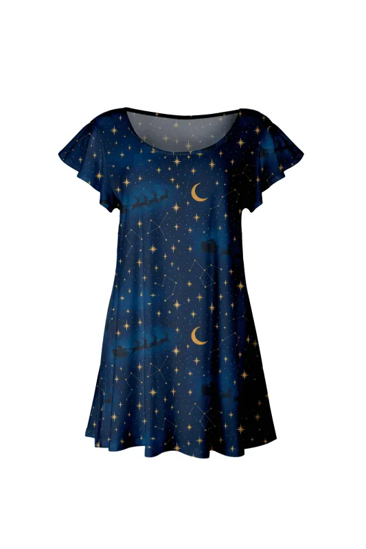 Lily by Firmiana Women’s Short Sleeve Flutter Hem Tunic Top Blue and Gold Santa Silhouette Sky Print sold by Zulily