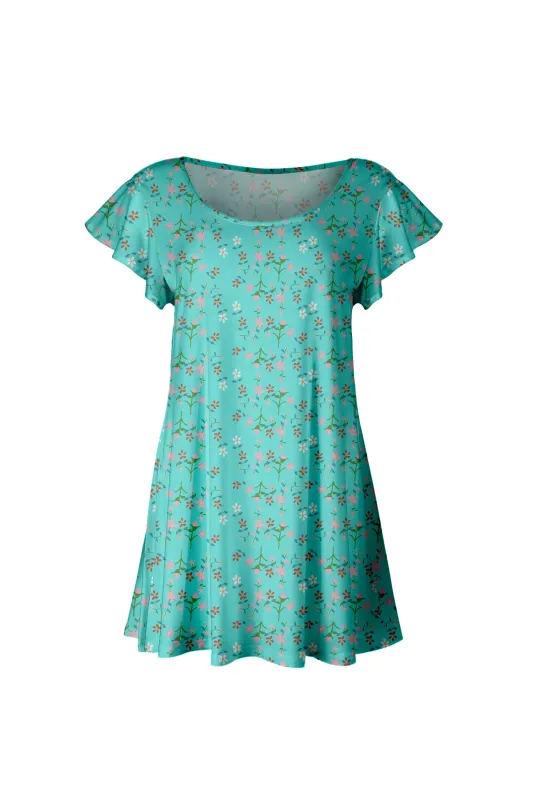 Lily by Firmiana Women’s Short Sleeve Flutter Hem Tunic Top Aqua Floral Print sold by Zulily