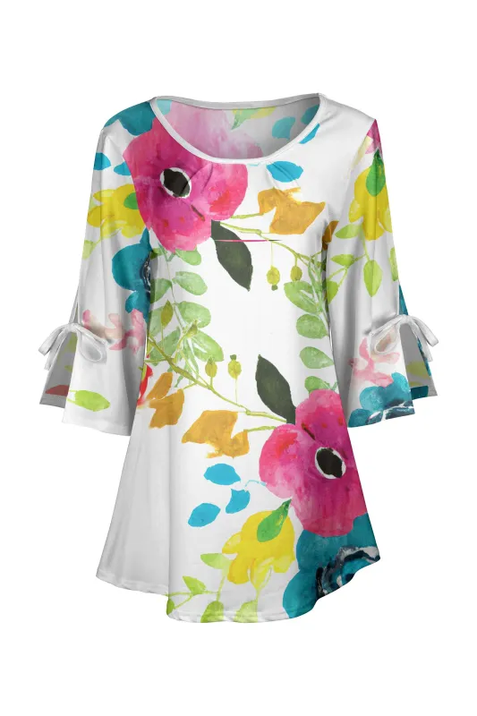 Lily by Firmiana Women's Round Neck Tunic with Split Hem ¾ Sleeves and Tie Detail White Floral with Pink & Blue Accents sold by Zulily