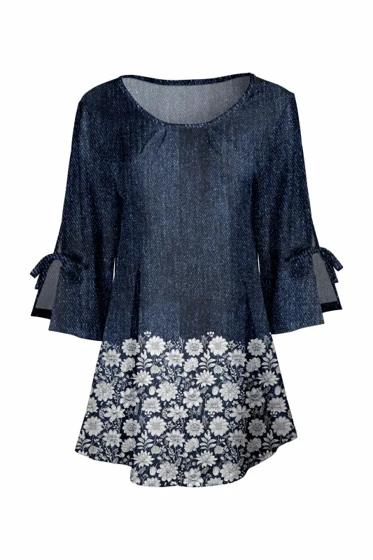 Lily by Firmiana Women's Round Neck Tunic with Split Hem ¾ Sleeves and Tie Detail Navy Denim & White Floral Hem sold by Zulily