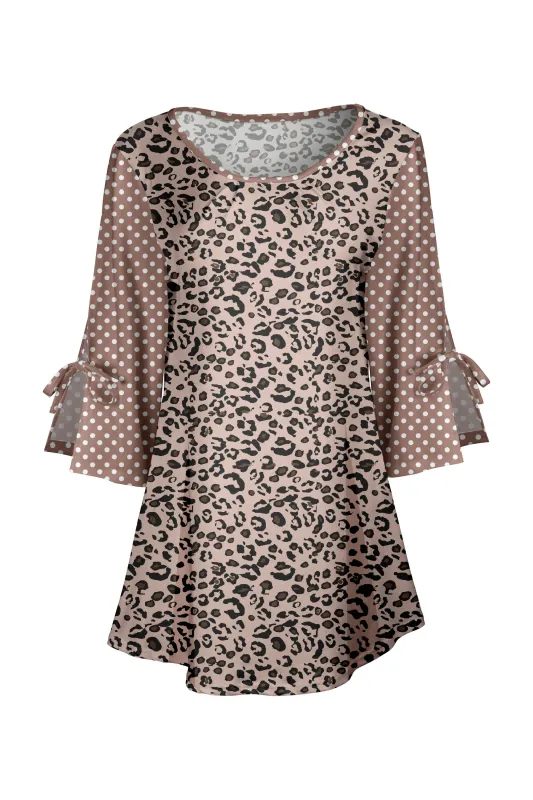 Lily by Firmiana Women's Round Neck Tunic with Split Hem ¾ Sleeves and Tie Detail Tan & Brown Leopard sold by Zulily