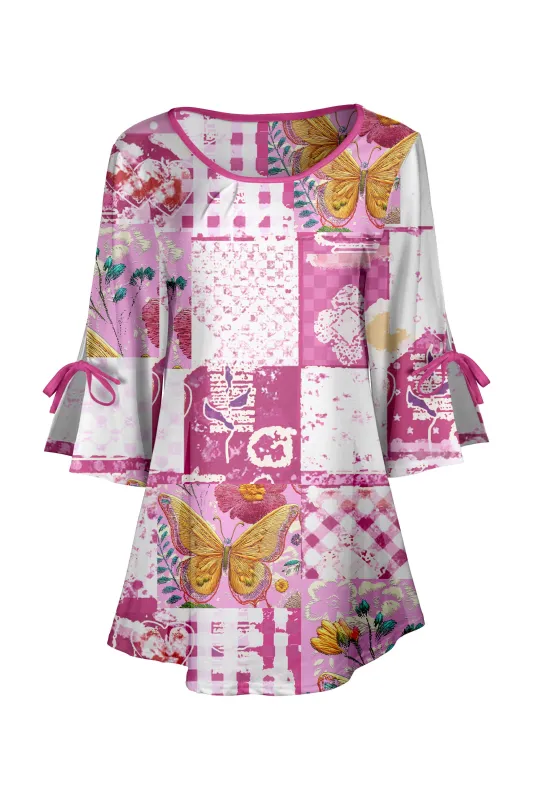 Lily by Firmiana Women's Round Neck Tunic with Split Hem ¾ Sleeves and Tie Detail Pink Butterfly Patchwork sold by Zulily