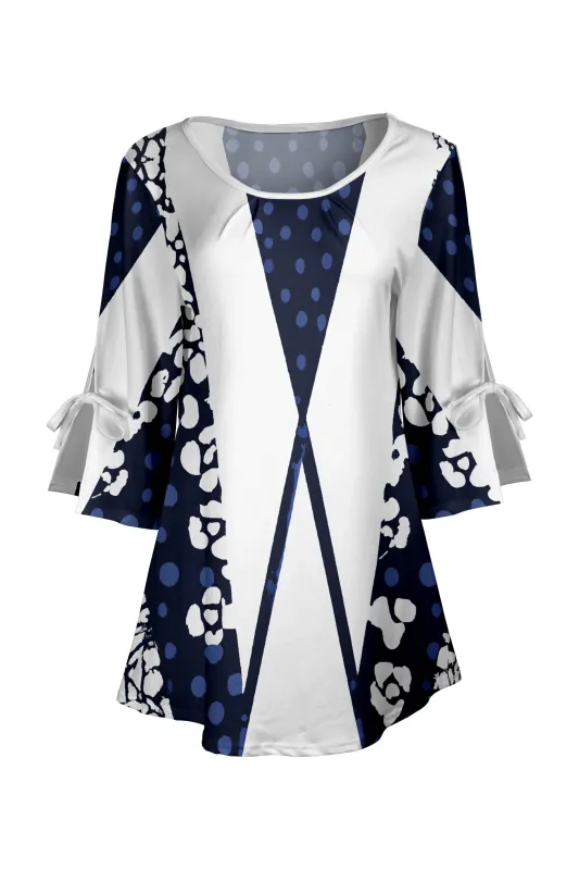 Lily by Firmiana Women's Round Neck Tunic with Split Hem ¾ Sleeves and Tie Detail Navy & White Chevron Floral Mix sold by Zulily