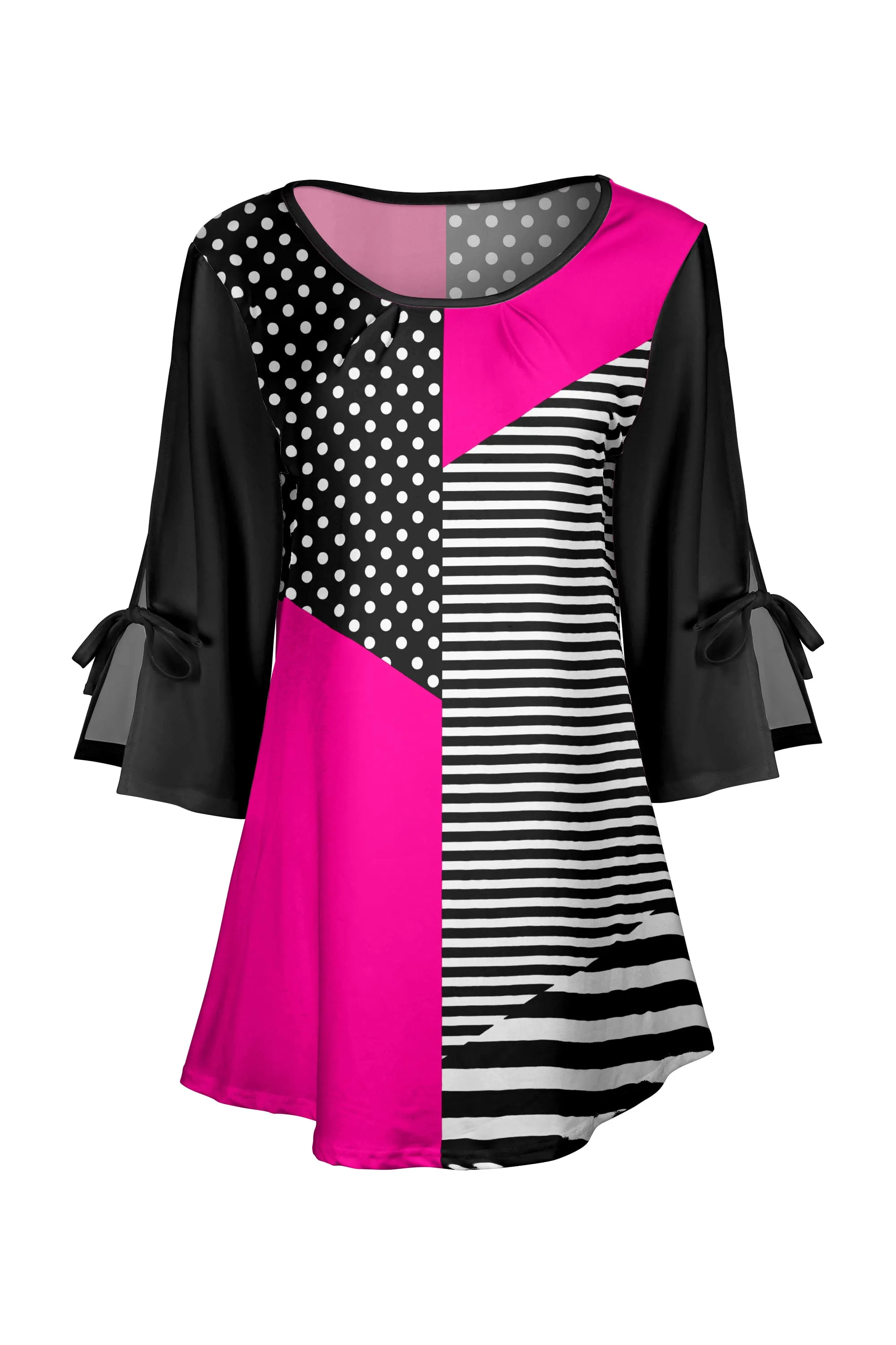 Lily by Firmiana Women's Round Neck Tunic with Split Hem ¾ Sleeves and Tie Detail Hot Pink & Black Stripe Colorblock sold by Zulily product image thumbnail 3