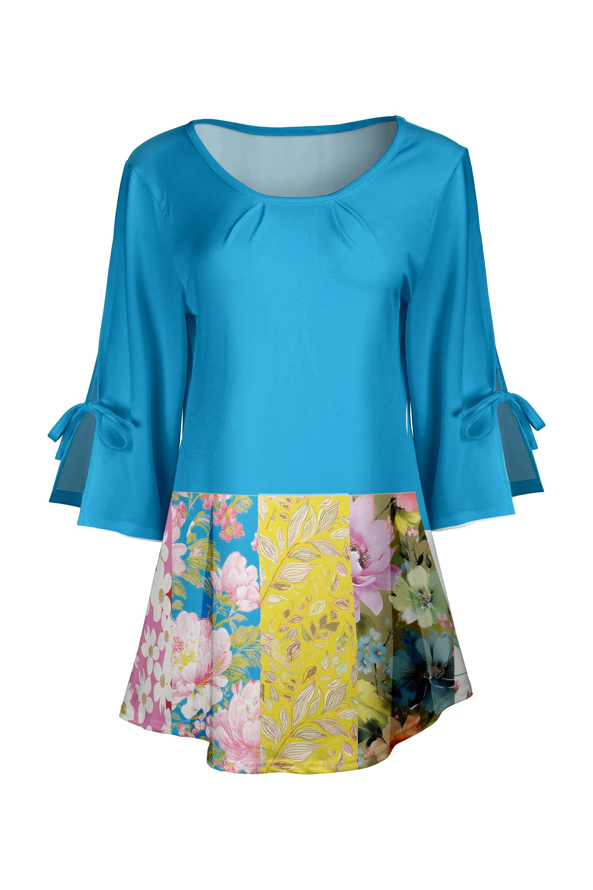 Lily by Firmiana Women's Round Neck Tunic with Split Hem ¾ Sleeves and Tie Detail Blue & Yellow Floral Patchwork sold by Zulily product image thumbnail 4