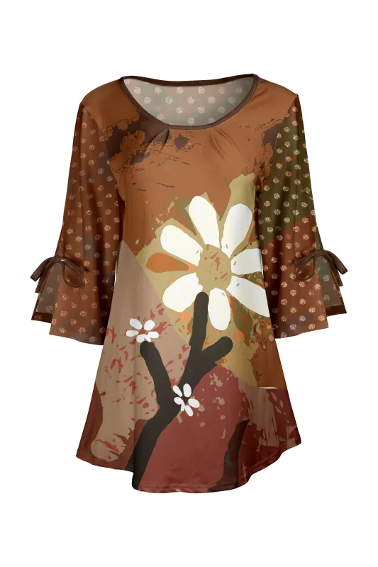 Lily by Firmiana Women's Round Neck Tunic with Split Hem ¾ Sleeves and Tie Detail Brown Daisy Floral Patchwork sold by Zulily