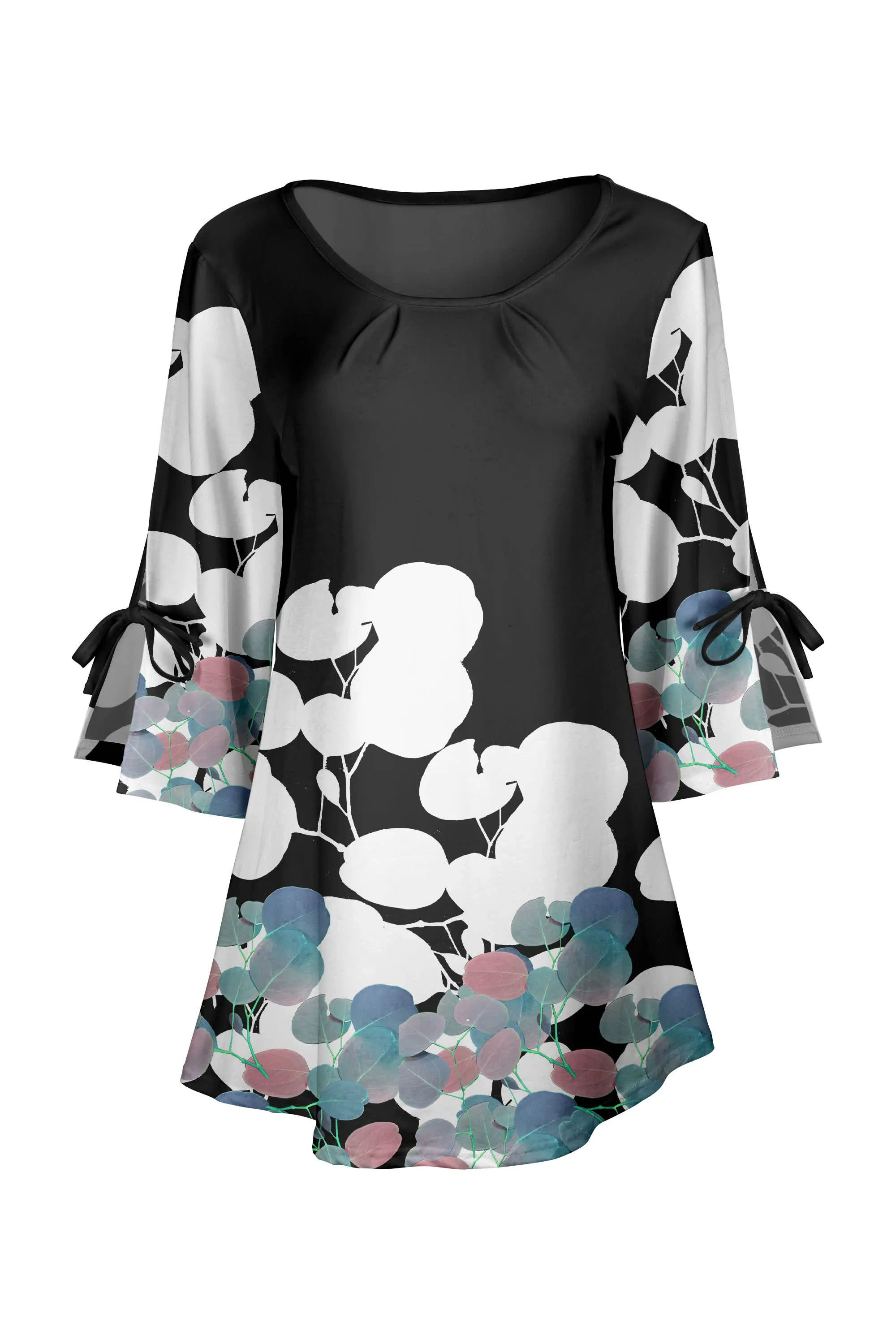 Lily by Firmiana Women's Round Neck Tunic with Split Hem ¾ Sleeves and Tie Detail Black & White Floral Mix sold by Zulily product image thumbnail 3