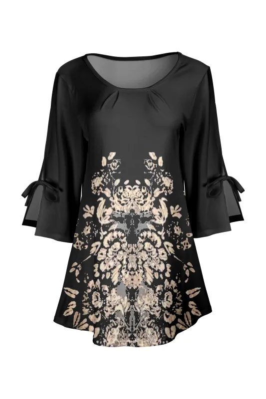 Lily by Firmiana Women's Round Neck Tunic with Split Hem ¾ Sleeves and Tie Detail Black & Beige Baroque Floral sold by Zulily