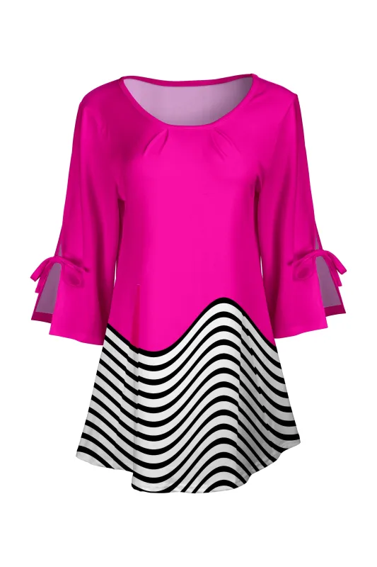 Lily by Firmiana Women's Round Neck Tunic with Split Hem ¾ Sleeves and Tie Detail Black & Fuchsia Colorblock Stripe sold by Zulily