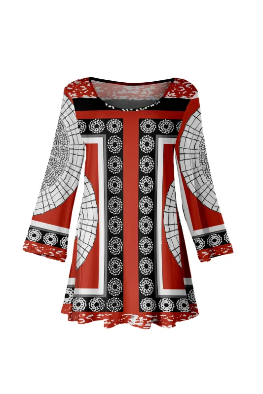 Lily by Firmiana Women’s Long Sleeve Scoop Neck Flared Hem Tunic Red & Black Baroque Border Print sold by Zulily