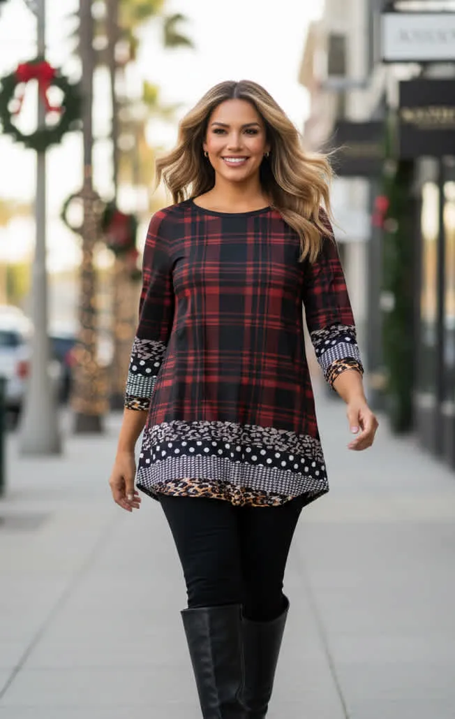 Lily by Firmiana Women’s ¾ Sleeve Scoop Neck Tunic Top Red Plaid with Mixed Print Hem sold by Zulily