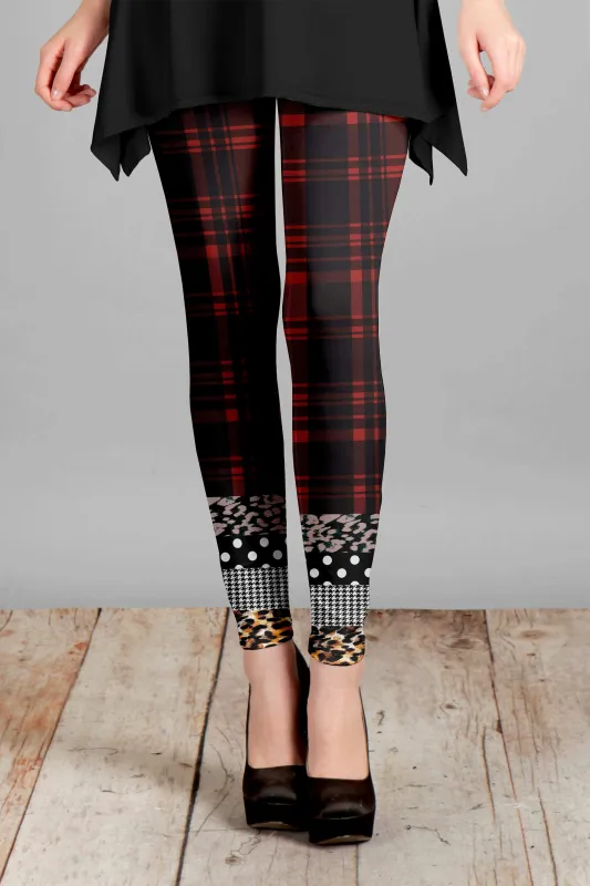 Lily by Firmiana Women's Medium Rise Printed Legging Red & Black Mixed Print Cuff sold by Zulily