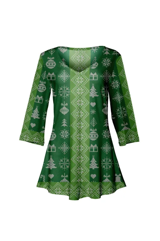 Lily by Firmiana Women's ¾ Sleeve V-Neck Tunic Green Fair Isle Holiday Sweater Print sold by Zulily