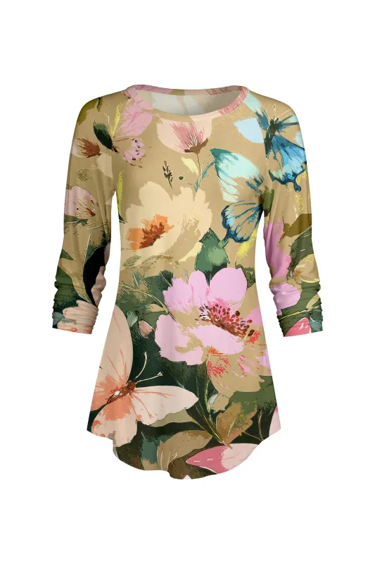 Lily by Firmiana Women’s ¾ Sleeve Scoop Neck Tunic Top Orange & Peach Floral Print sold by Zulily