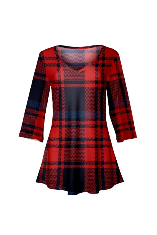 Lily by Firmiana Women's ¾ Sleeve V-Neck Tunic Red & Navy Plaid Holiday Print sold by Zulily