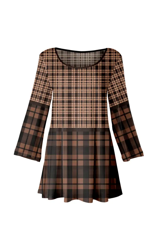 Lily by Firmiana Women’s Long Sleeve Scoop Neck Flared Hem Tunic Brown & Black Plaid Tunic sold by Zulily