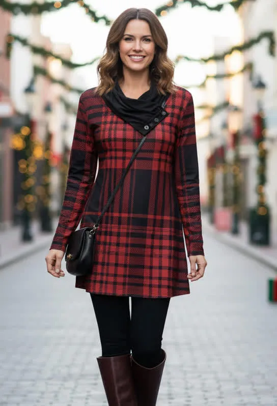 Lily by Firmiana Women's Long Sleeve Cowl Neck Tunic with Pockets Red & Black Plaid Holiday Print sold by Zulily product image thumbnail 2