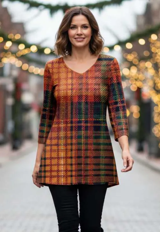 Lily by Firmiana Women's ¾ Sleeve V-Neck Tunic Orange & Red Gradient Plaid Tunic sold by Zulily