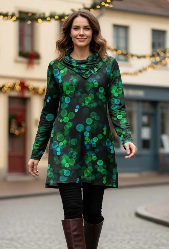 Lily by Firmiana Women's Long Sleeve Cowl Neck Tunic with Pockets Green Dot Floral Print sold by Zulily product image thumbnail 2