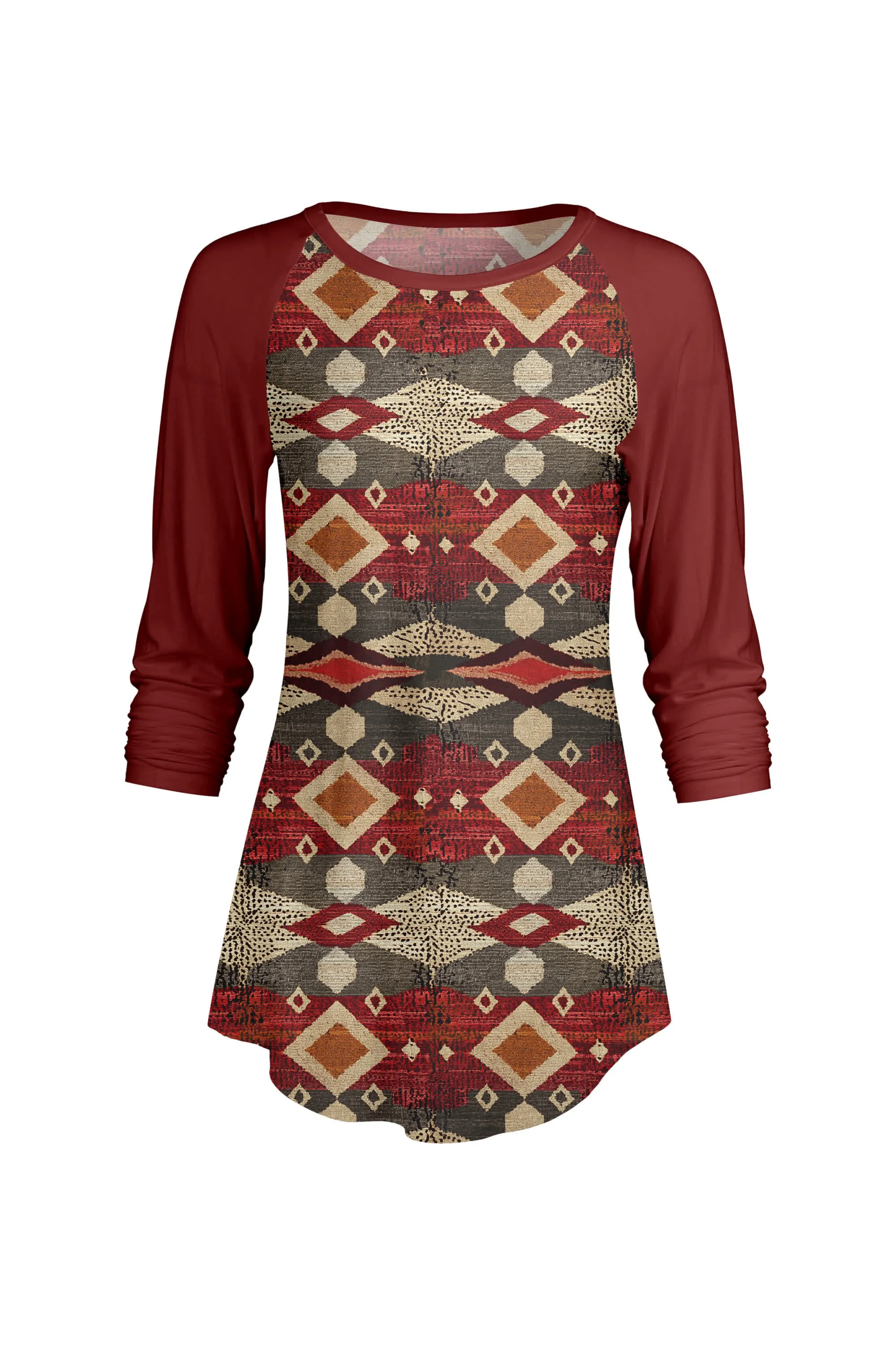 Lily by Firmiana Women’s ¾ Sleeve Scoop Neck Tunic Top Red & Tan Aztec Pattern sold by Zulily