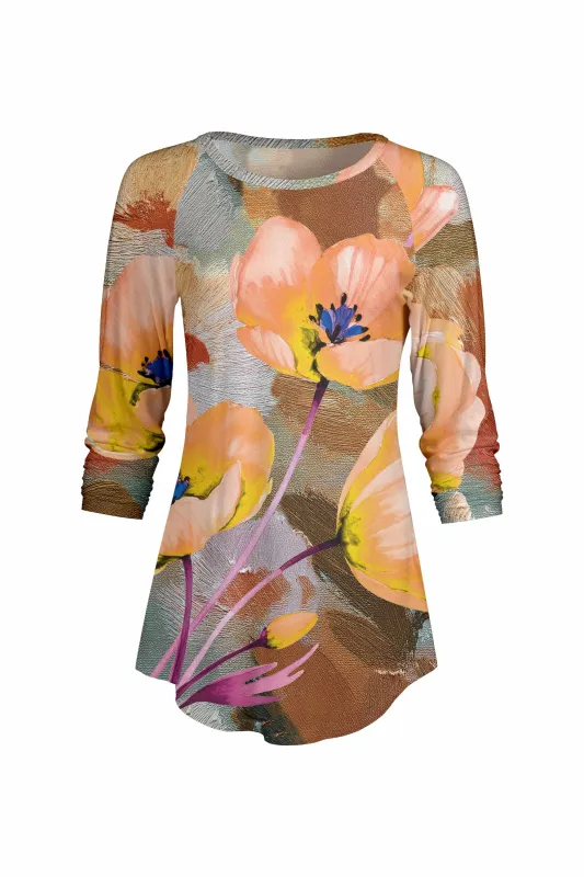 Lily by Firmiana Women’s ¾ Sleeve Scoop Neck Tunic Top Orange & Brown Daisy Floral sold by Zulily