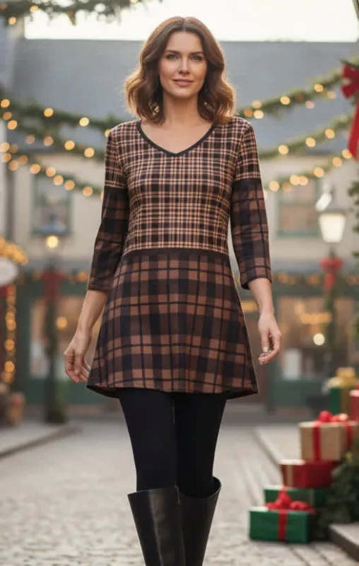 Lily by Firmiana Women's ¾ Sleeve V-Neck Tunic Brown & Black Plaid sold by Zulily