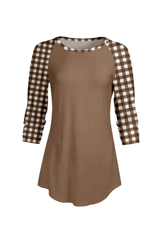 Lily by Firmiana Women’s ¾ Sleeve Scoop Neck Tunic Top Brown & White Plaid Print sold by Zulily