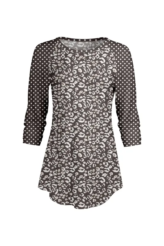 Lily by Firmiana Women’s ¾ Sleeve Scoop Neck Tunic Top Grey and White Leopard sold by Zulily