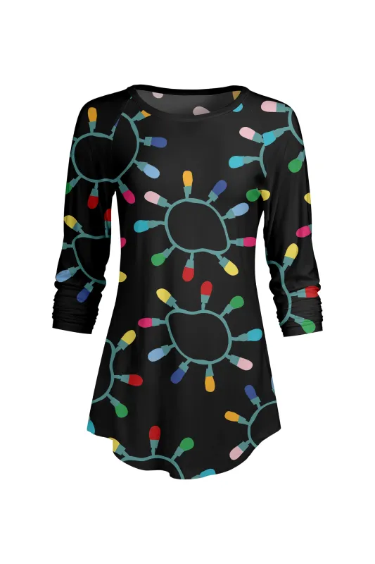 Lily by Firmiana Women’s ¾ Sleeve Scoop Neck Tunic Top Christmas Lights Print sold by Zulily