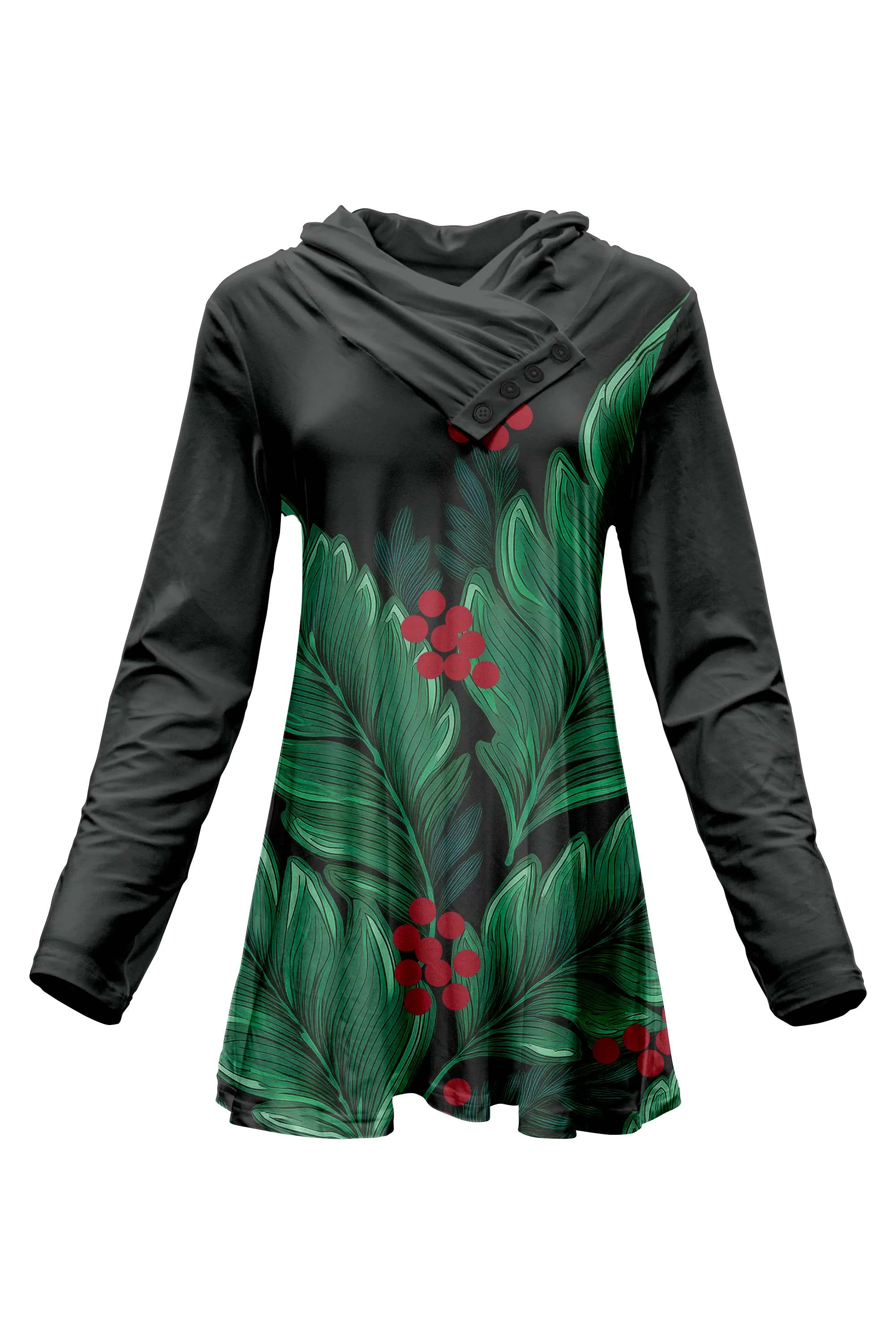 Lily by Firmiana Women's Long Sleeve Cowl Neck Tunic with Pockets Black & Green Palm Leaf Holiday Print sold by Zulily product image thumbnail 3