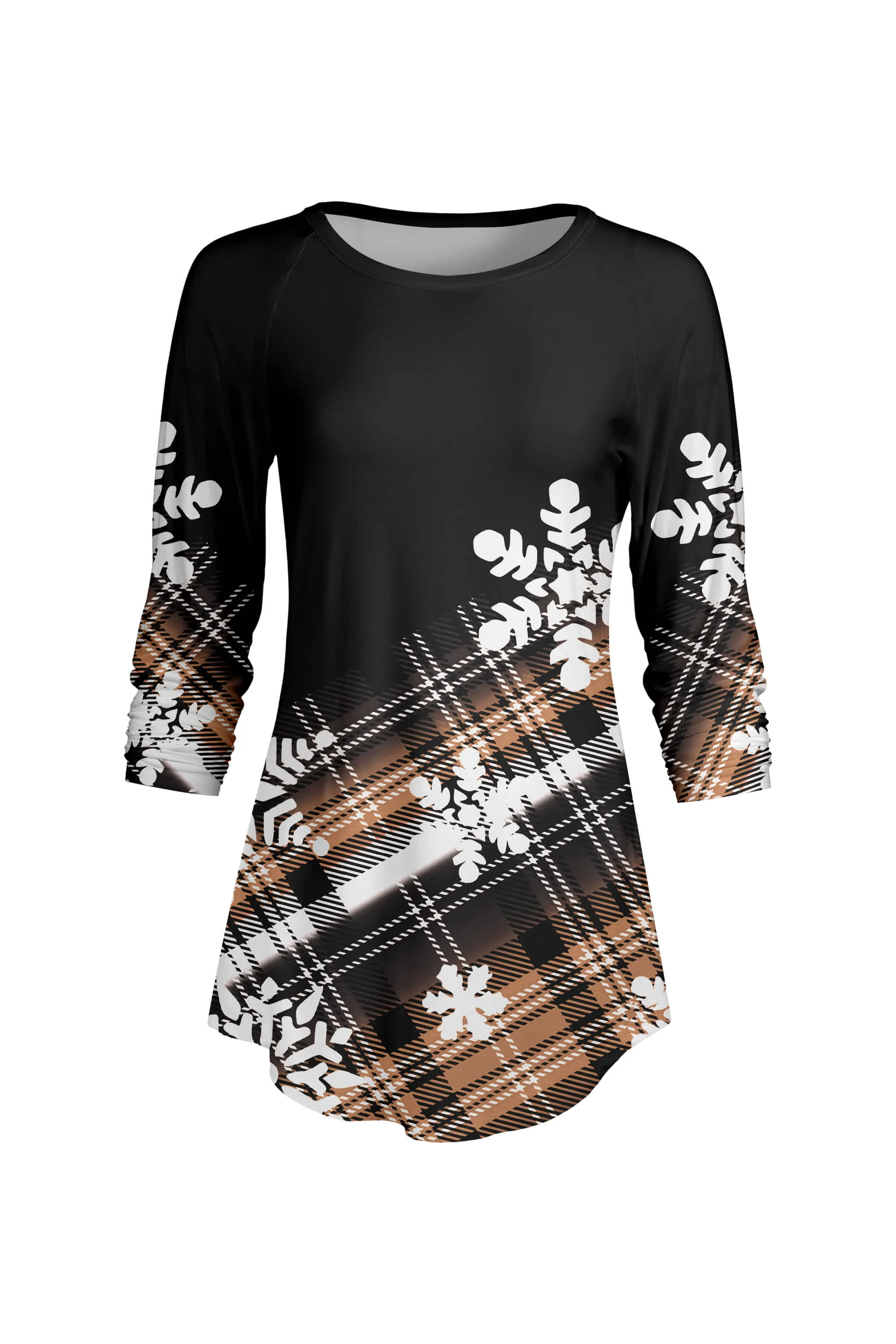 Lily by Firmiana Women’s ¾ Sleeve Scoop Neck Tunic Top Brown and Black Snowflake Print sold by Zulily product image thumbnail 4