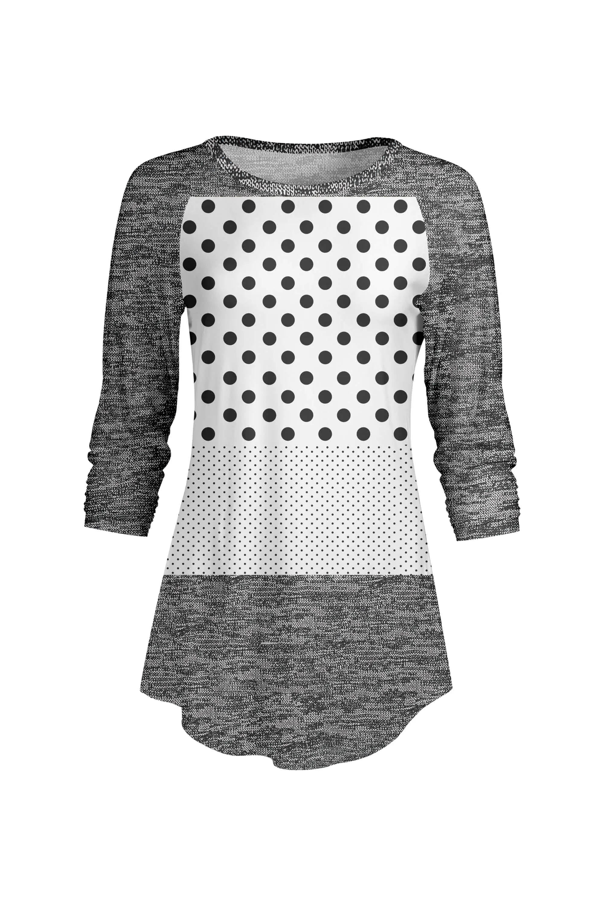 Lily by Firmiana Women’s ¾ Sleeve Scoop Neck Tunic Top Black & White Dot Patchwork sold by Zulily