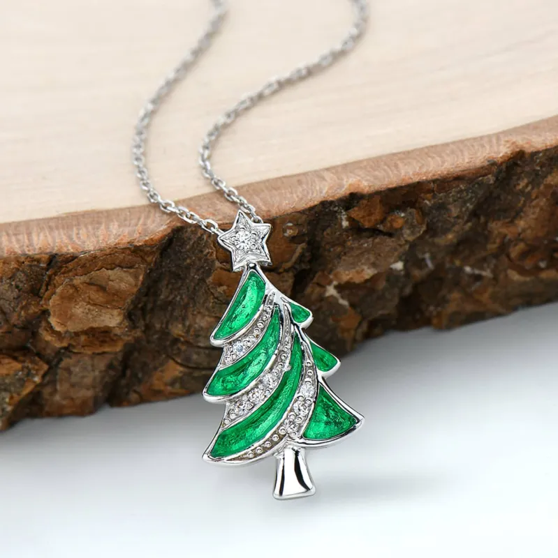 Vera & Co Women Sterling Silver Christmas Tree Green Enamel Charm Necklace 18 inches sold by Zulily