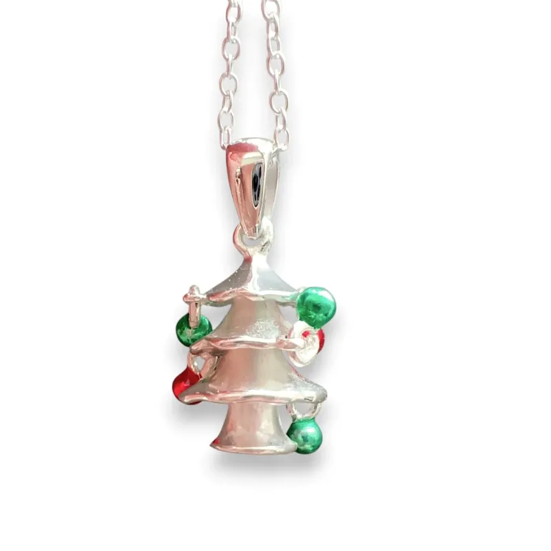 Vera & Co Women Sterling Silver Diamenional Christmas Tree Dangle with Green and Red Enamel Balls 18 inches sold by Zulily