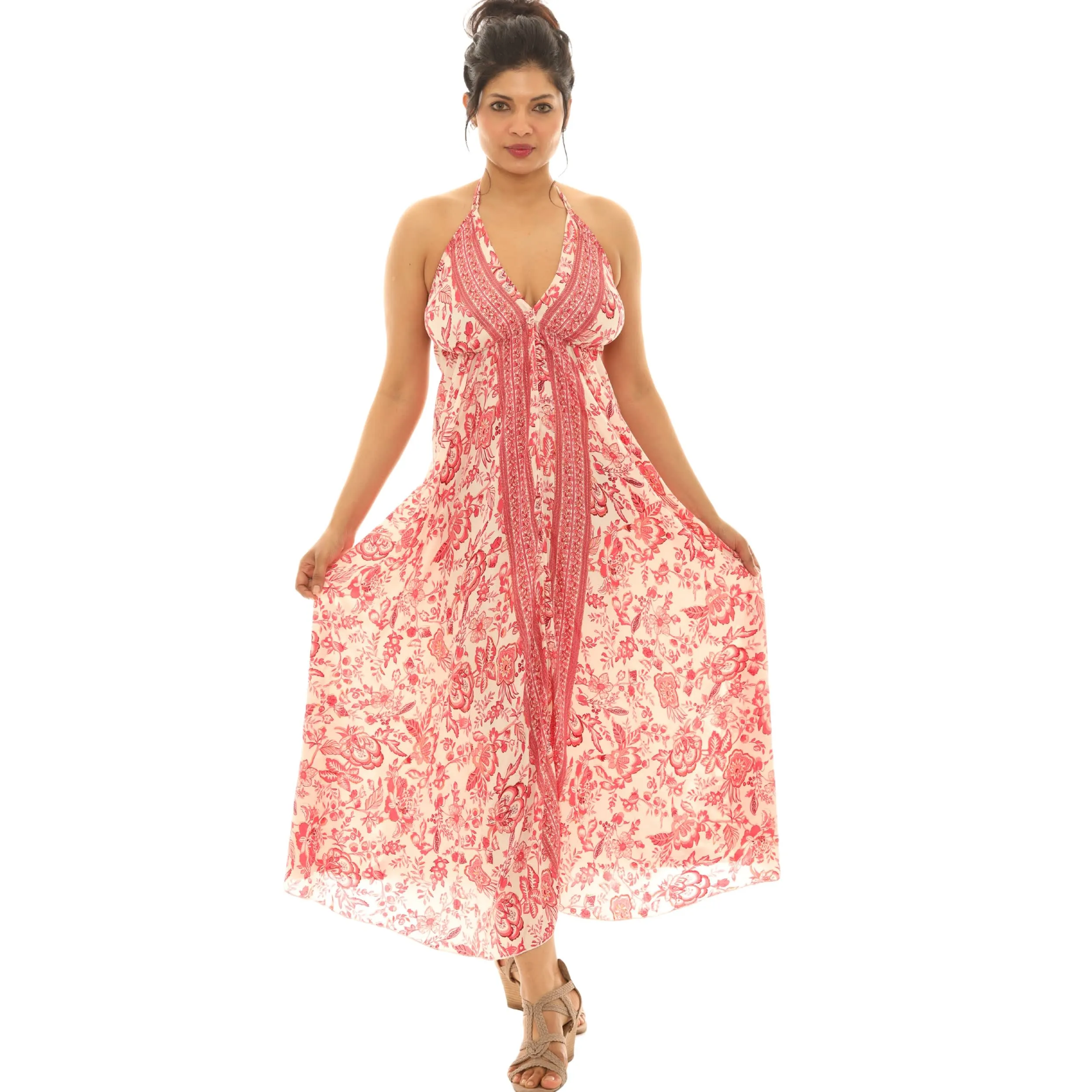 Shorleline Wear Boho Chic Pink Abstract Floral Halter Neck Maxi Dress sold by Zulily