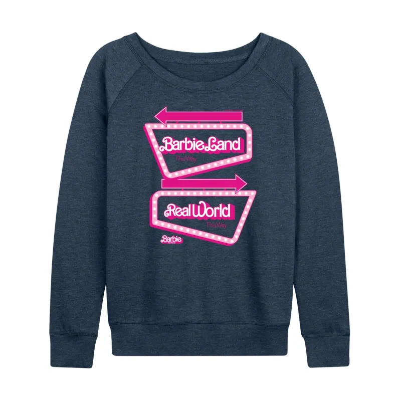 Barbie The Movie - Barbieland Real World This Way Signs - Women's Lightweight French Terry Long Sleeve Shirt sold by Zulily