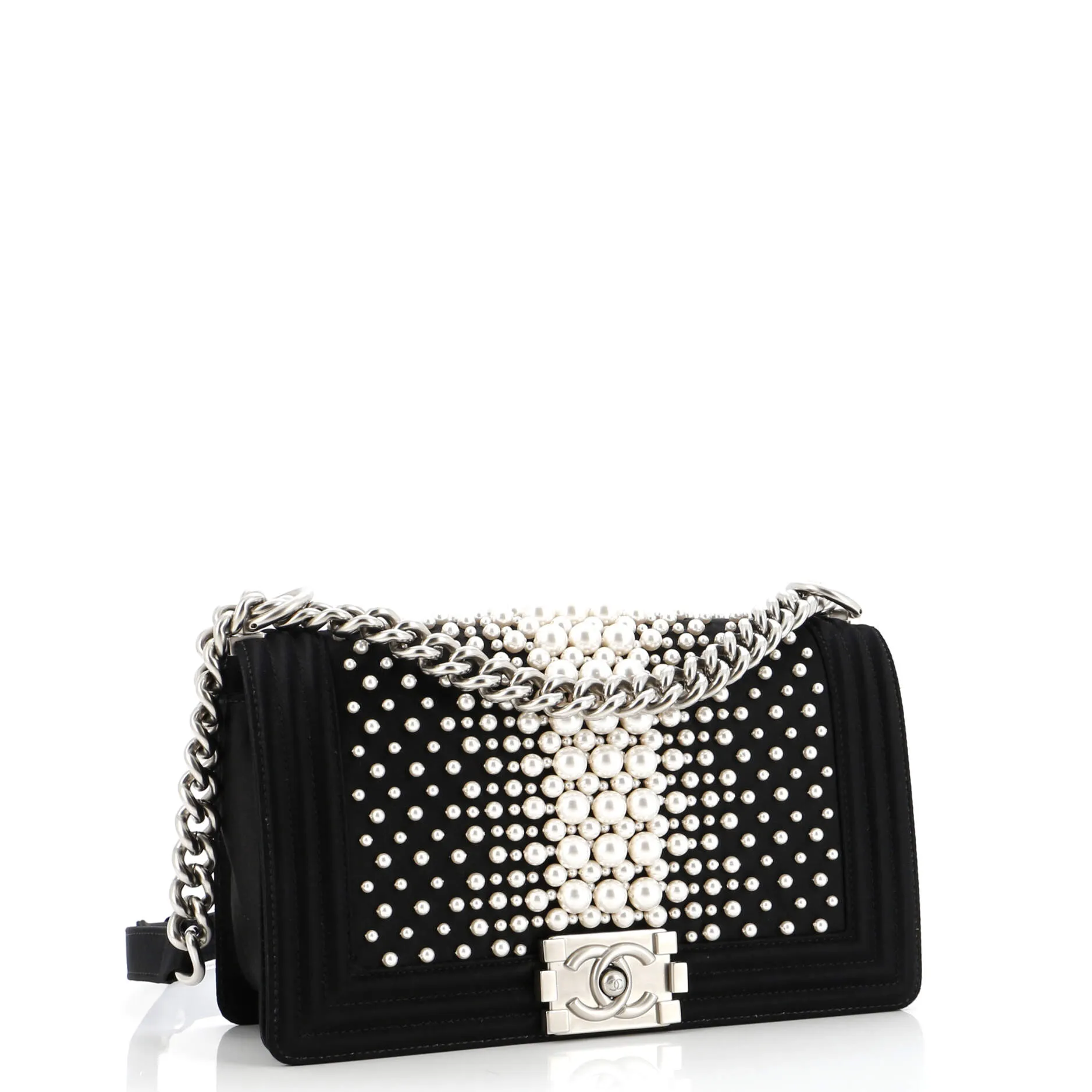 Pre-Loved Chanel Boy Flap Bag Pearl Embellished Satin Old Medium sold by Zulily product image thumbnail 2