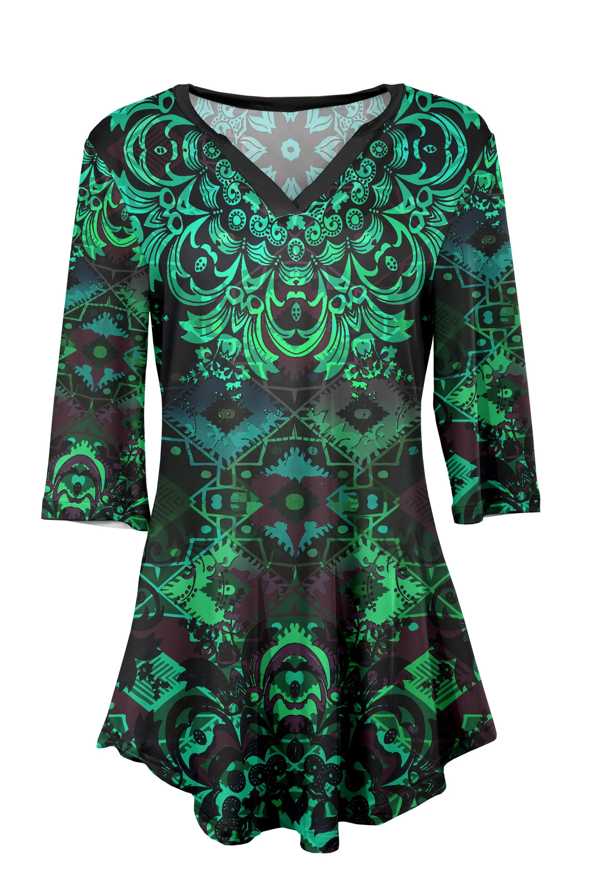 Lily by Firmiana Women's 3/4 Sleeve Notch Neck Tunic Green & Black Baroque Holiday Print sold by Zulily