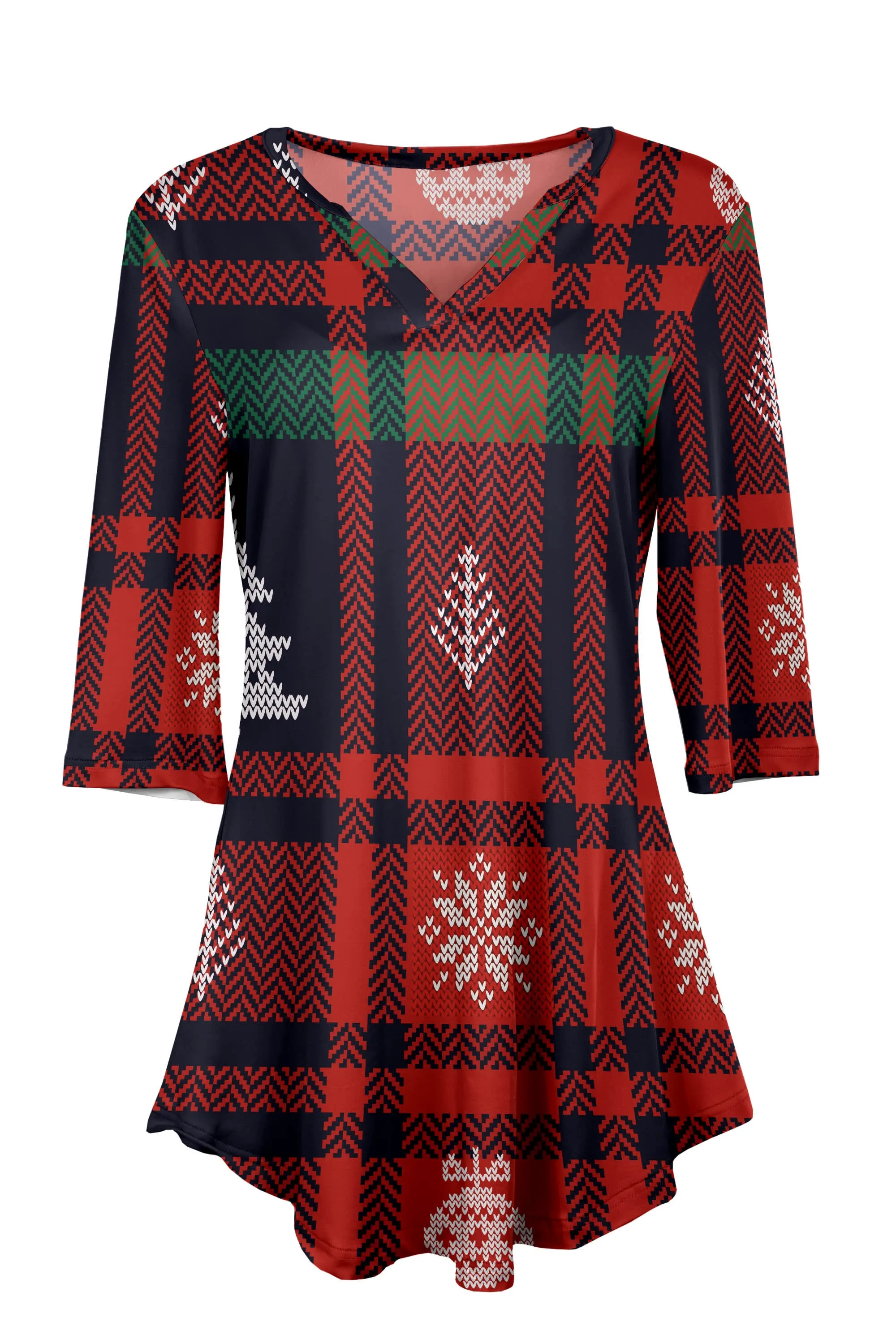 Lily by Firmiana Women's 3/4 Sleeve Notch Neck Tunic Red & Green Nordic Snowflake Plaid Print sold by Zulily product image thumbnail 3