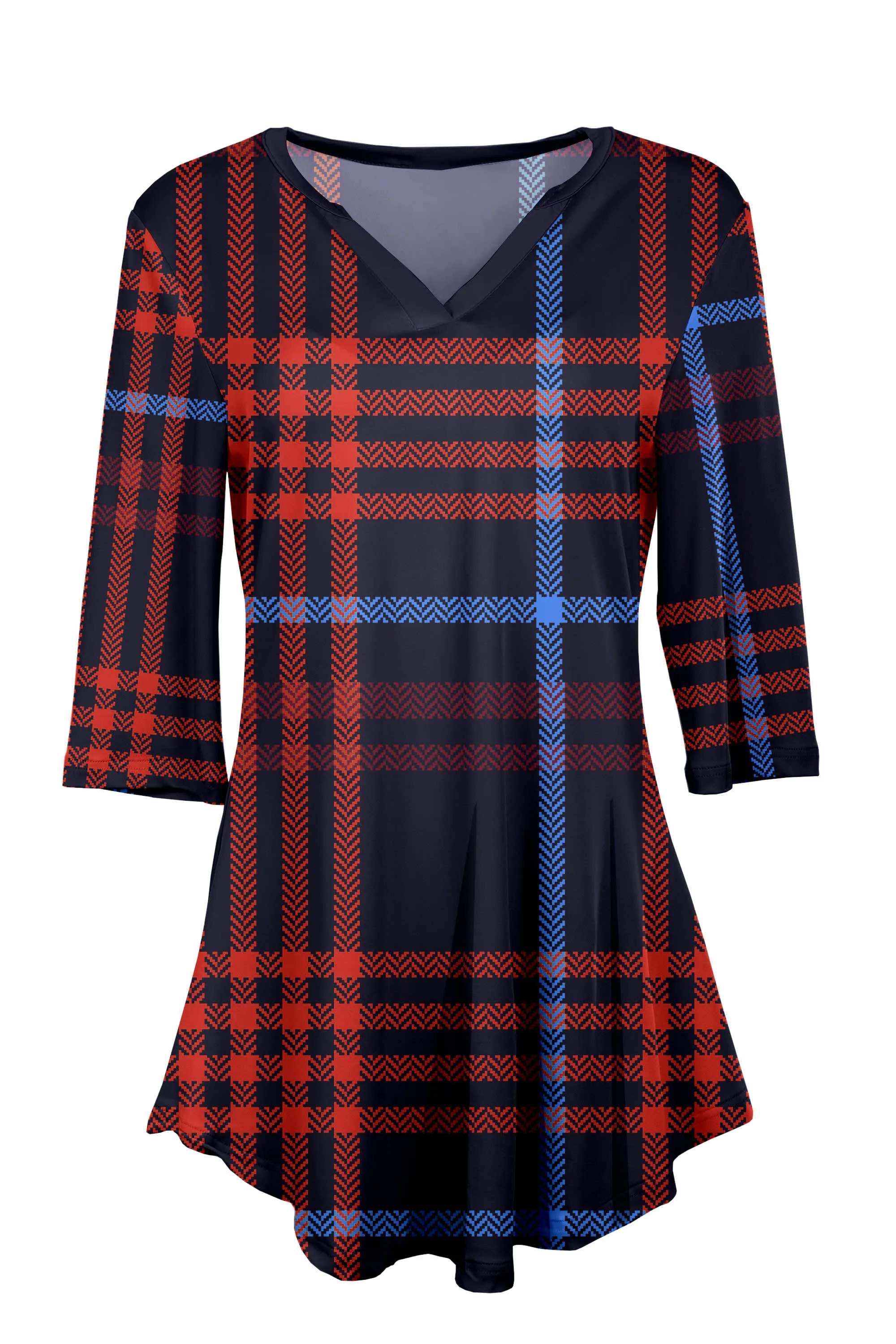 Lily by Firmiana Women's 3/4 Sleeve Notch Neck Tunic Red & Navy Plaid Holiday Print sold by Zulily product image thumbnail 3