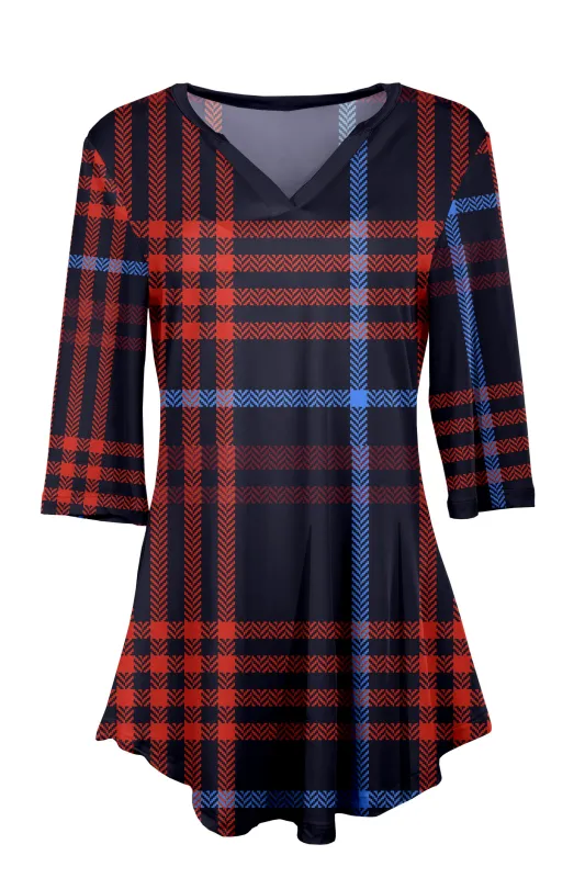 Lily by Firmiana Women's 3/4 Sleeve Notch Neck Tunic Red & Navy Plaid Holiday Print sold by Zulily