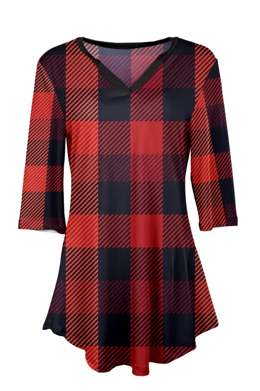 Lily by Firmiana Women's 3/4 Sleeve Notch Neck Tunic Red & Black Buffalo Plaid Holiday Print sold by Zulily