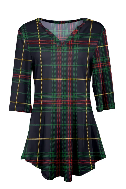 Lily by Firmiana Women's 3/4 Sleeve Notch Neck Tunic Navy & Green Plaid Holiday Print sold by Zulily