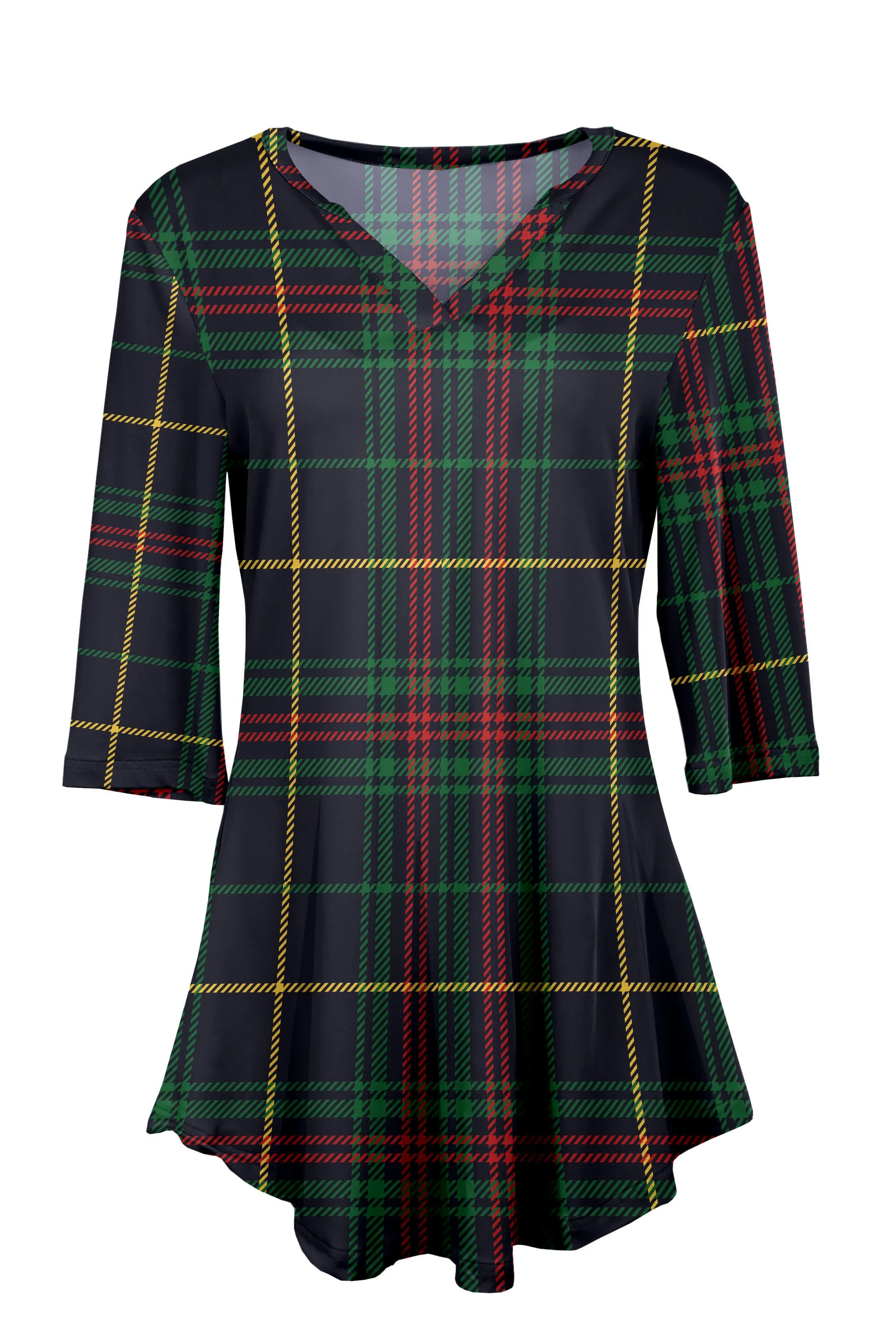 Lily by Firmiana Women's 3/4 Sleeve Notch Neck Tunic Navy & Green Plaid Holiday Print sold by Zulily