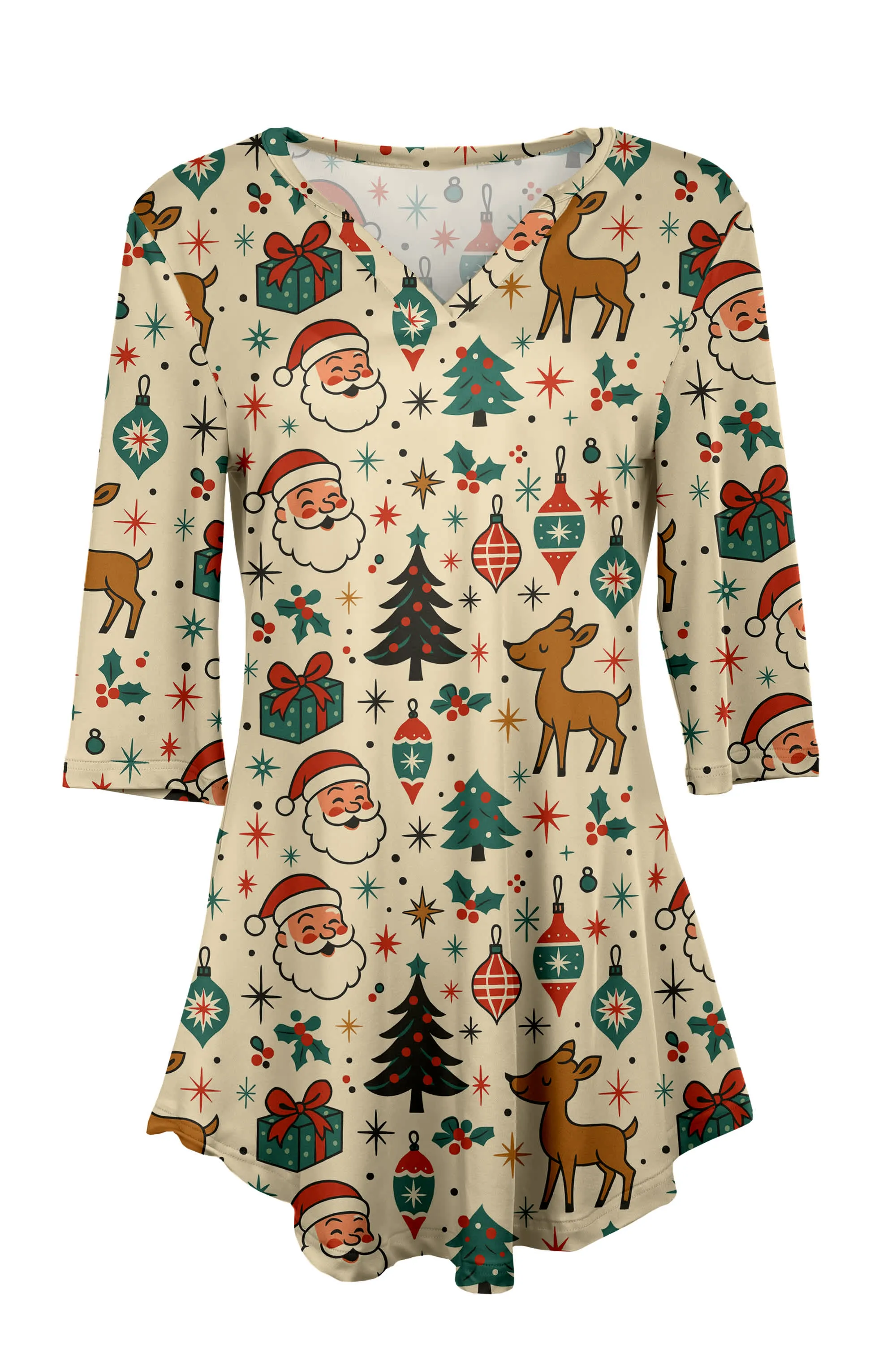 Lily by Firmiana Women's 3/4 Sleeve Notch Neck Tunic Beige Christmas Tree Village Holiday Print sold by Zulily product image thumbnail 4