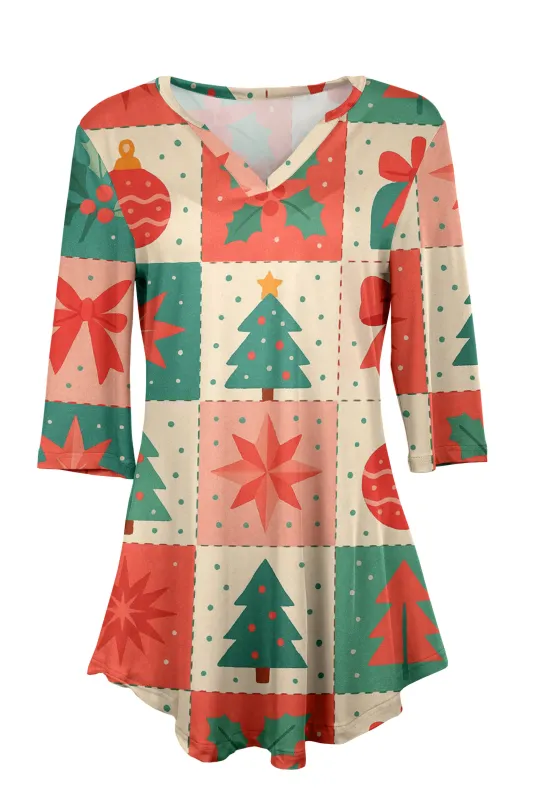 Lily by Firmiana Women's 3/4 Sleeve Notch Neck Tunic Red & Green Christmas Patchwork Print sold by Zulily