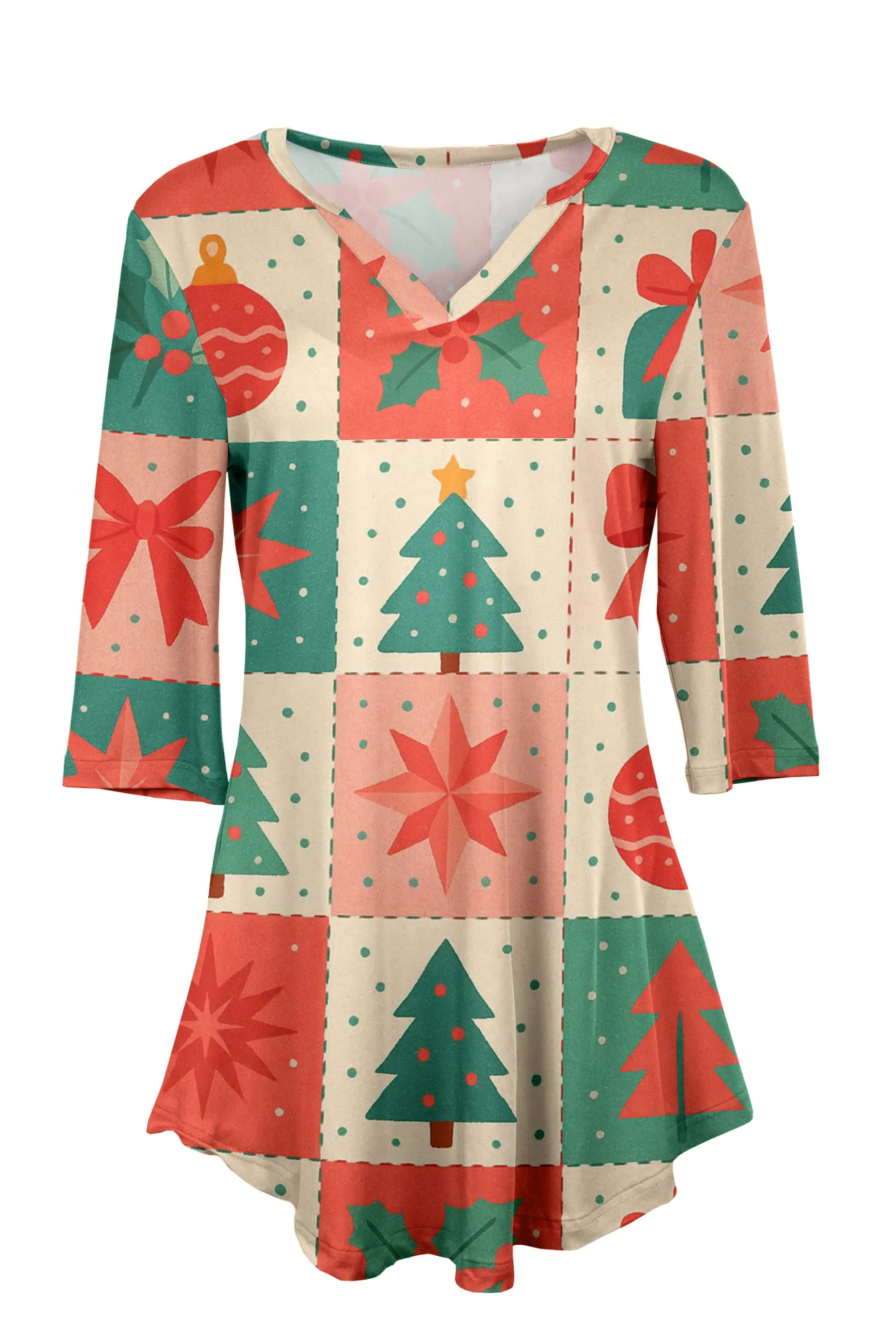 Lily by Firmiana Women's 3/4 Sleeve Notch Neck Tunic Red & Green Christmas Patchwork Print sold by Zulily product image thumbnail 3