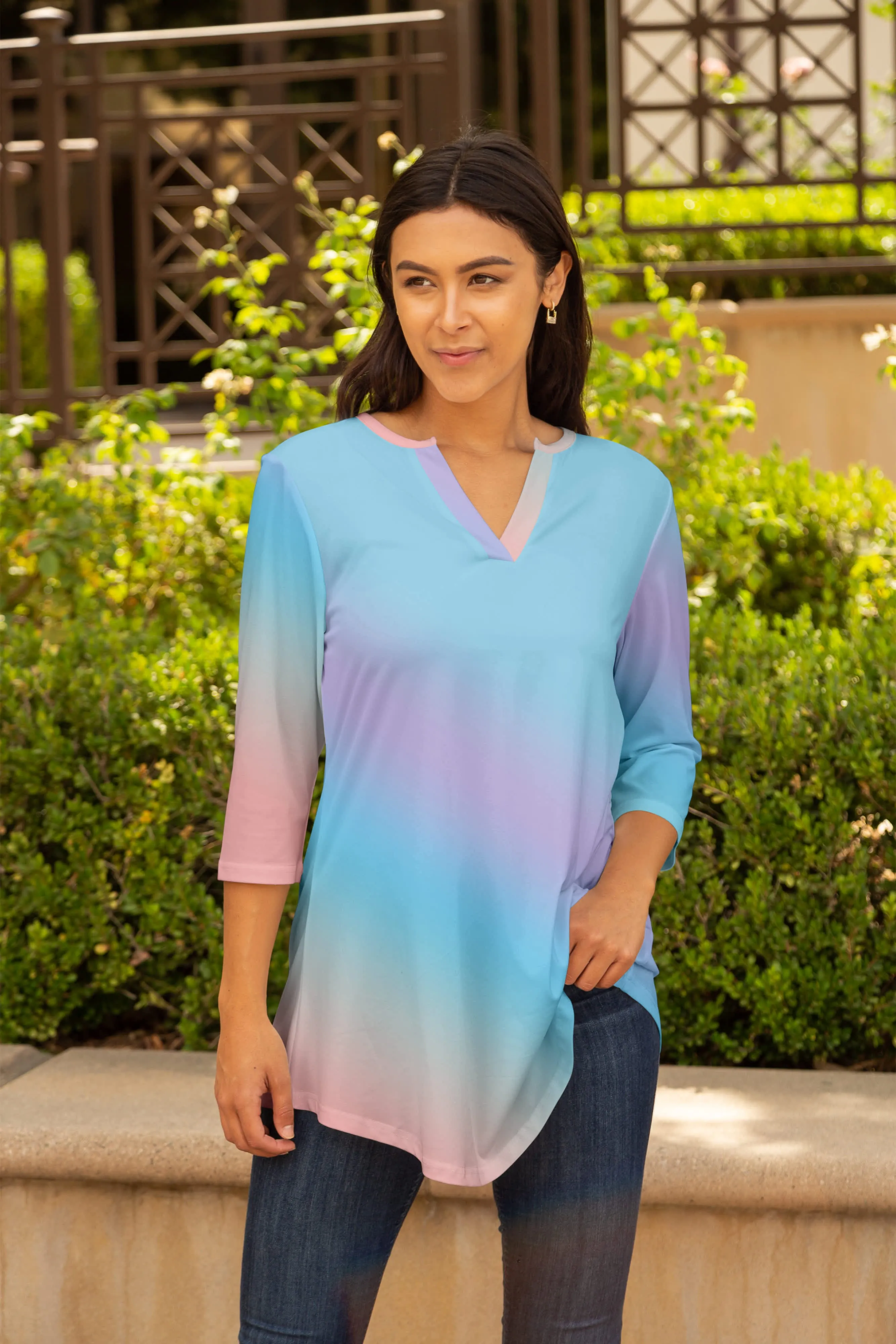 Lily by Firmiana Women's 3/4 Sleeve Notch Neck Tunic Blue & Pink Ombre Top sold by Zulily product image thumbnail 4