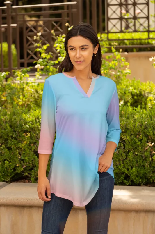 Lily by Firmiana Women's 3/4 Sleeve Notch Neck Tunic Blue & Pink Ombre Top sold by Zulily