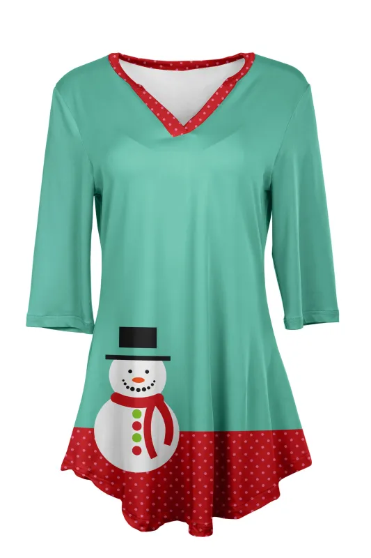 Lily by Firmiana Women's 3/4 Sleeve Notch Neck Tunic Aqua Snowman Holiday Top (FSS-72968) sold by Zulily